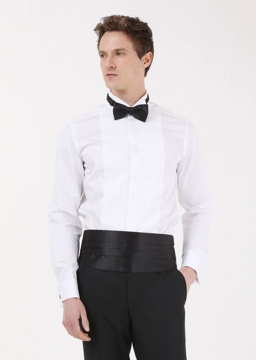 White Plain Fitted Fit Double Cuff Wing Collar Tuxedo Shirts - 1