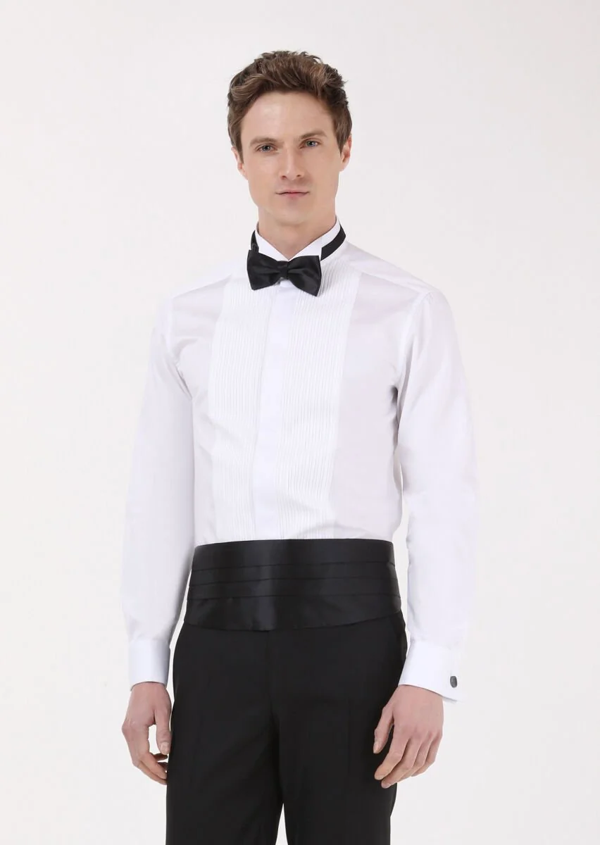 White Plain Fitted Fit Double Cuff Wing Collar Tuxedo Shirts - 2