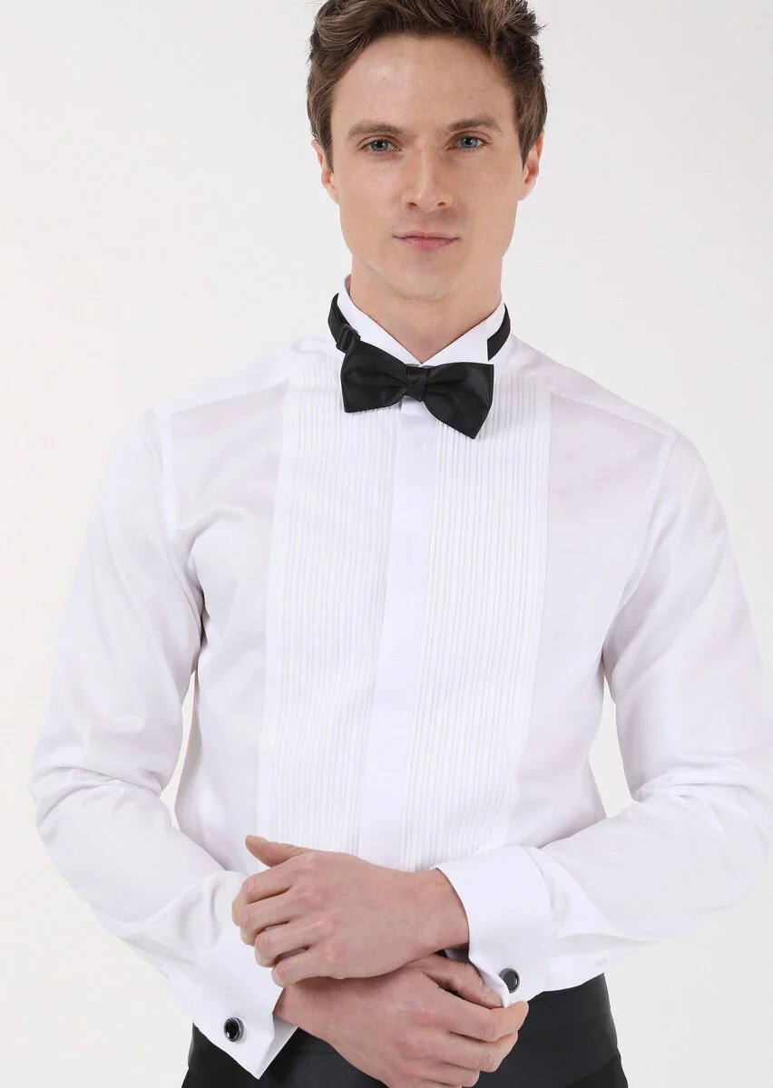 White Plain Fitted Fit Double Cuff Wing Collar Tuxedo Shirts - 3