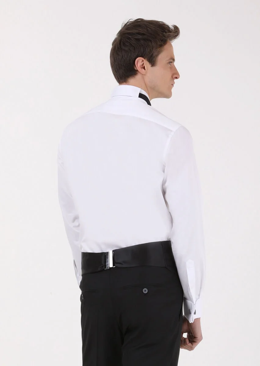 White Plain Fitted Fit Double Cuff Wing Collar Tuxedo Shirts - 4