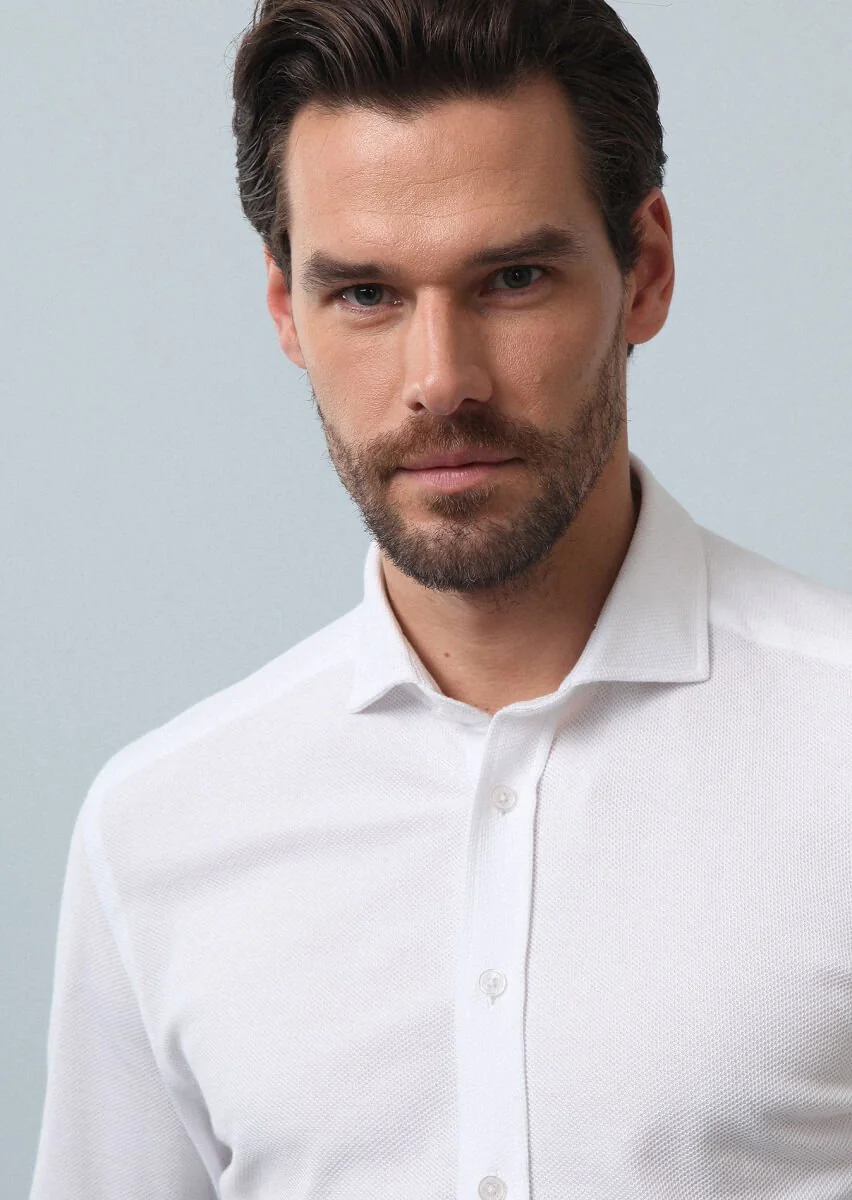 White Plain Fitted Fit Knitting Casual 100% Cotton Shirt - 3