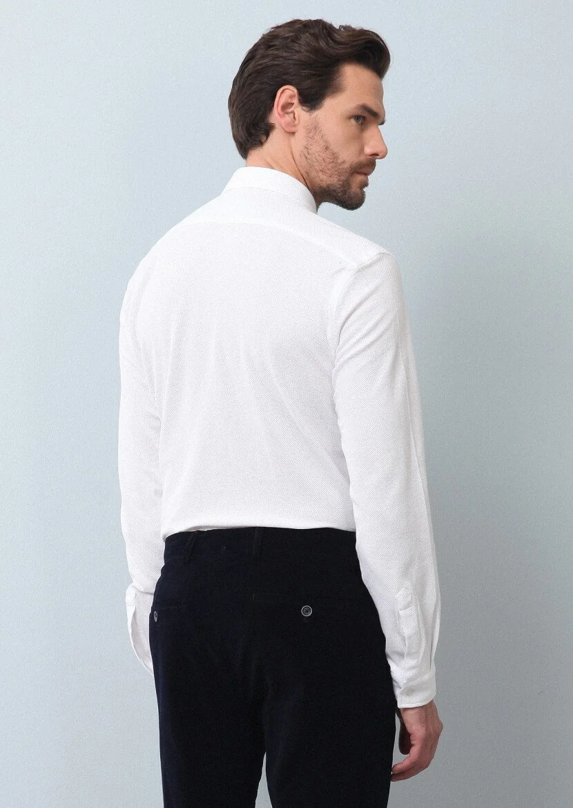 White Plain Fitted Fit Knitting Casual 100% Cotton Shirt - 5