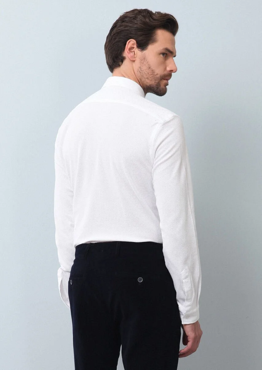 White Plain Fitted Fit Knitting Casual 100% Cotton Shirt - 5