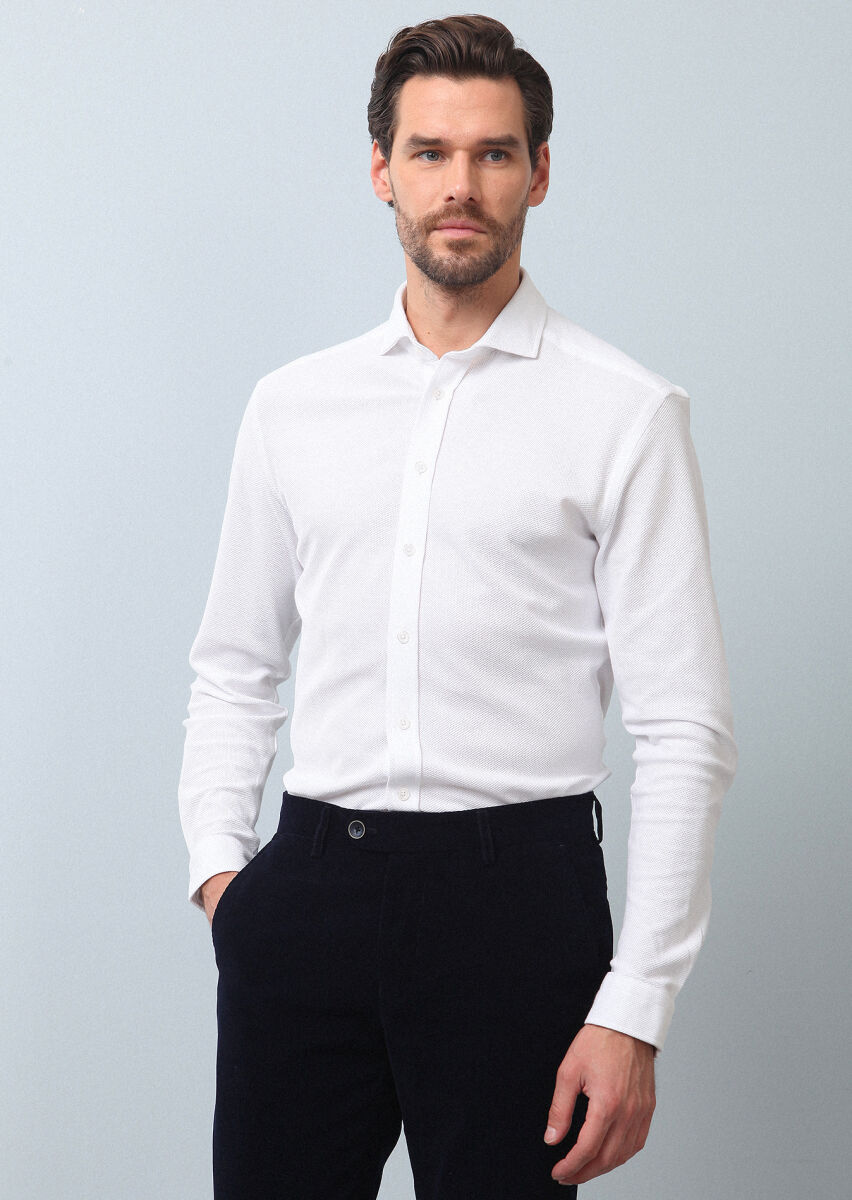 White Plain Fitted Fit Long Knitting Casual 100% Cotton Shirt - 1
