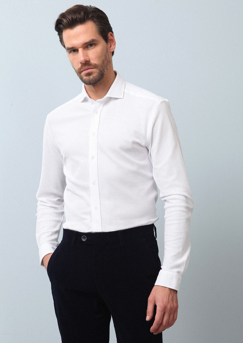 White Plain Fitted Fit Long Knitting Casual 100% Cotton Shirt - 2