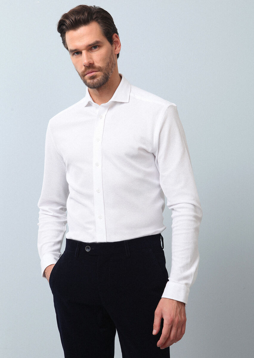 White Plain Fitted Fit Long Knitting Casual 100% Cotton Shirt - 2