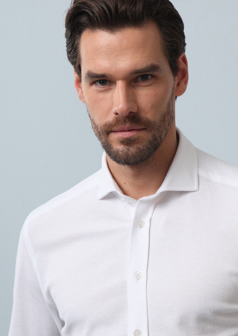 White Plain Fitted Fit Long Knitting Casual 100% Cotton Shirt - 3