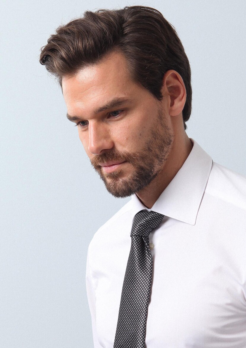 White Plain Fitted Fit Long Weaving Classical Cotton Blended Shirt - 3