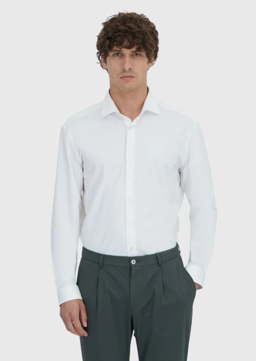 White Plain Knitting Casual Cotton Blended Shirt - 1