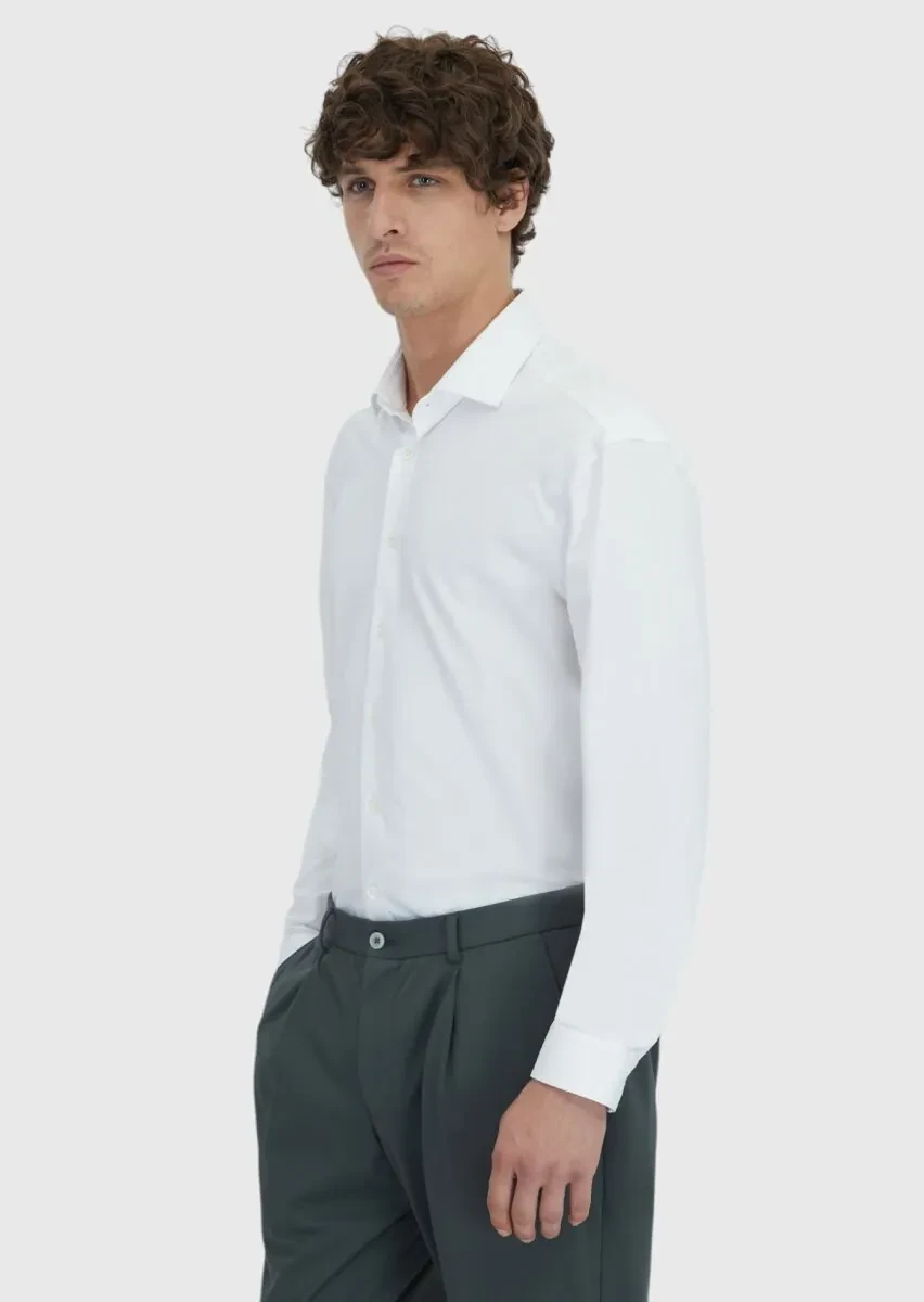 White Plain Knitting Casual Cotton Blended Shirt - 3