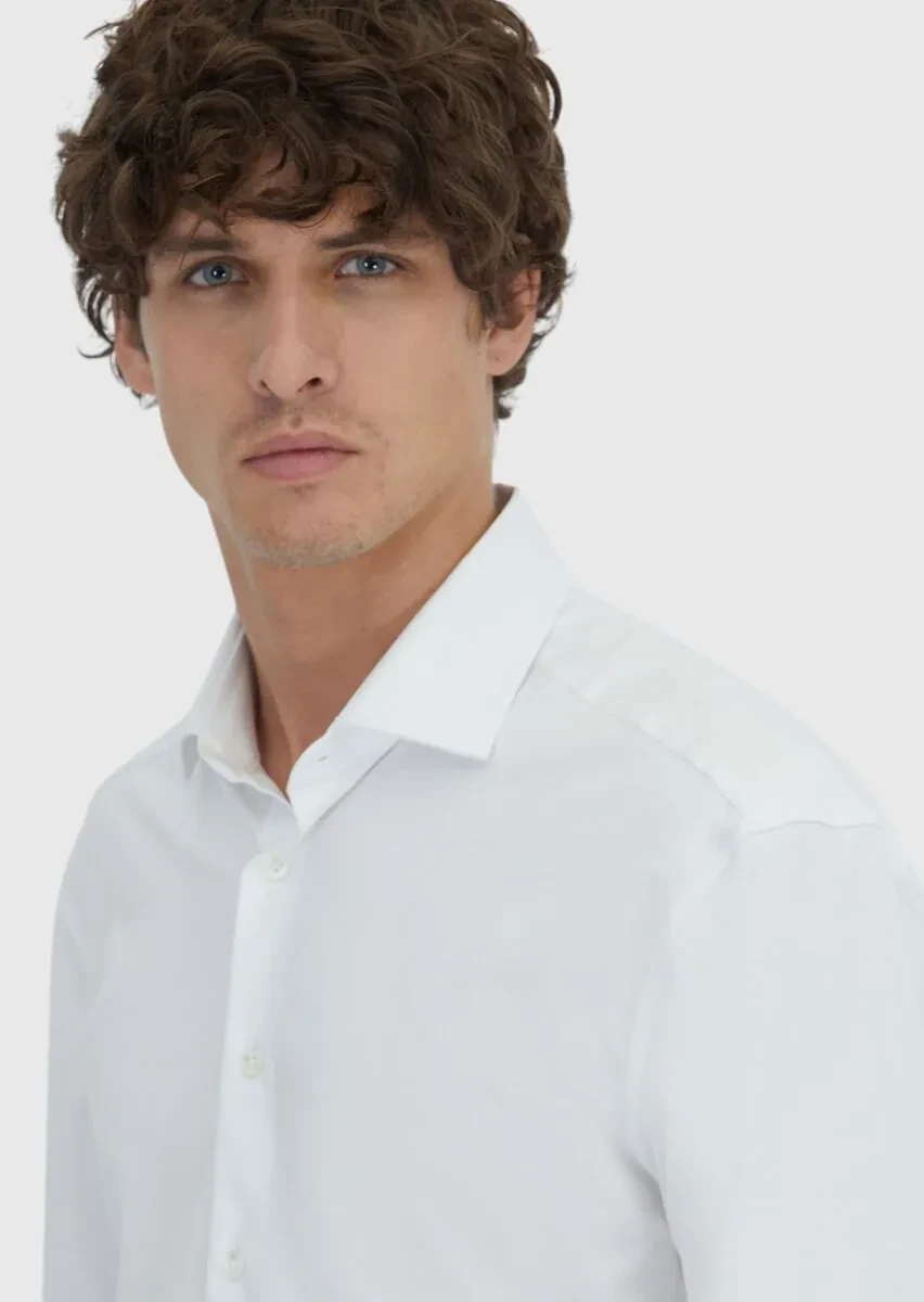 White Plain Knitting Casual Cotton Blended Shirt - 4