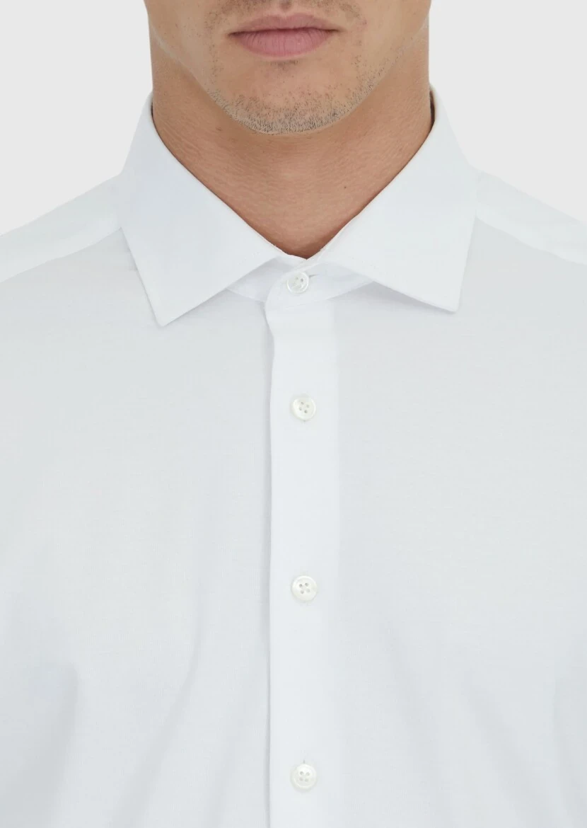 White Plain Knitting Casual Cotton Blended Shirt - 5