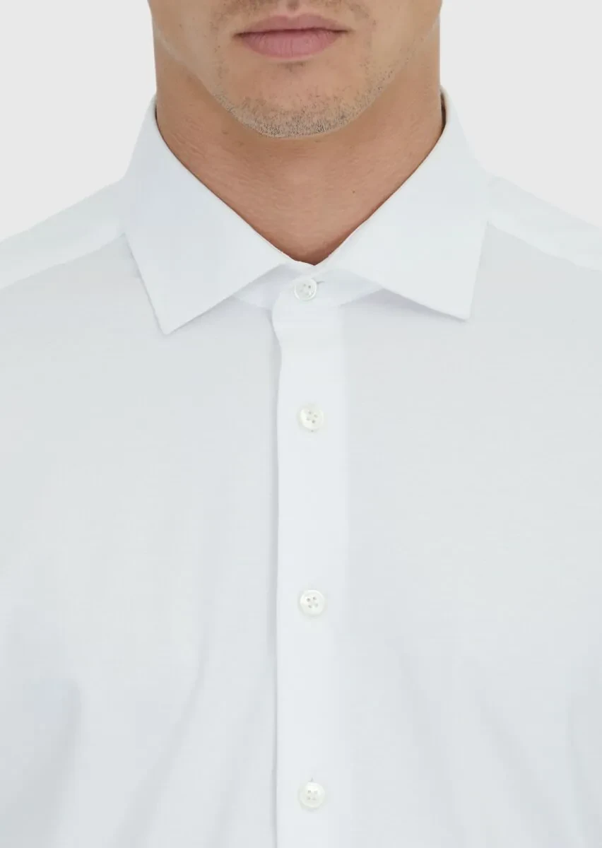 White Plain Knitting Casual Cotton Blended Shirt - 5