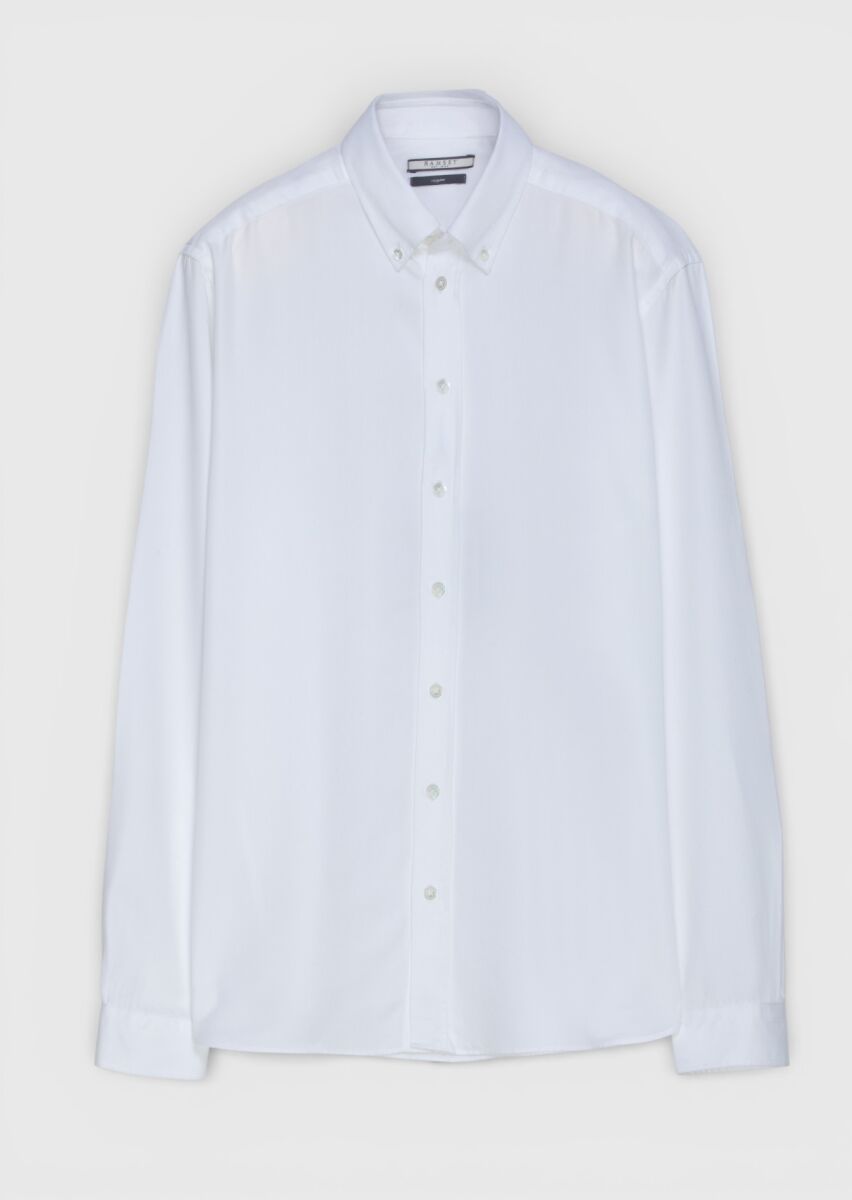 White Plain Long Weaving Casual Shirt - 4