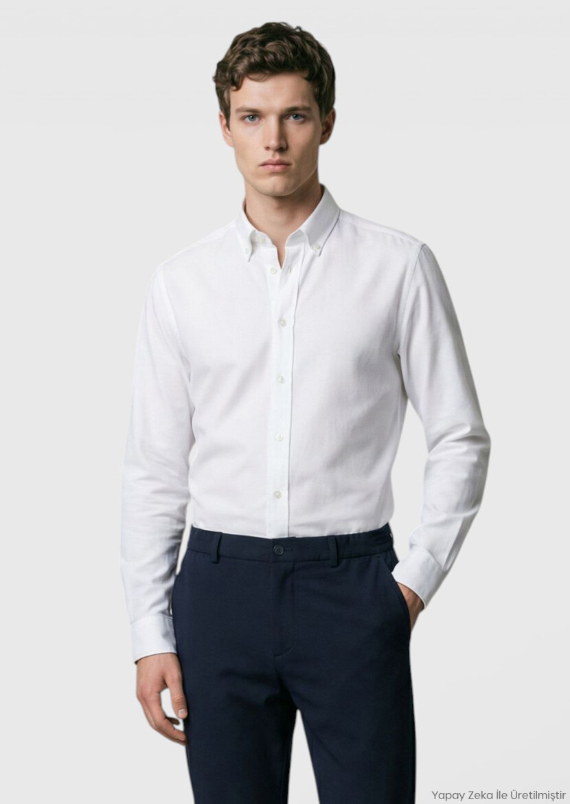 White Plain Long Weaving Casual Shirt - RAMSEY