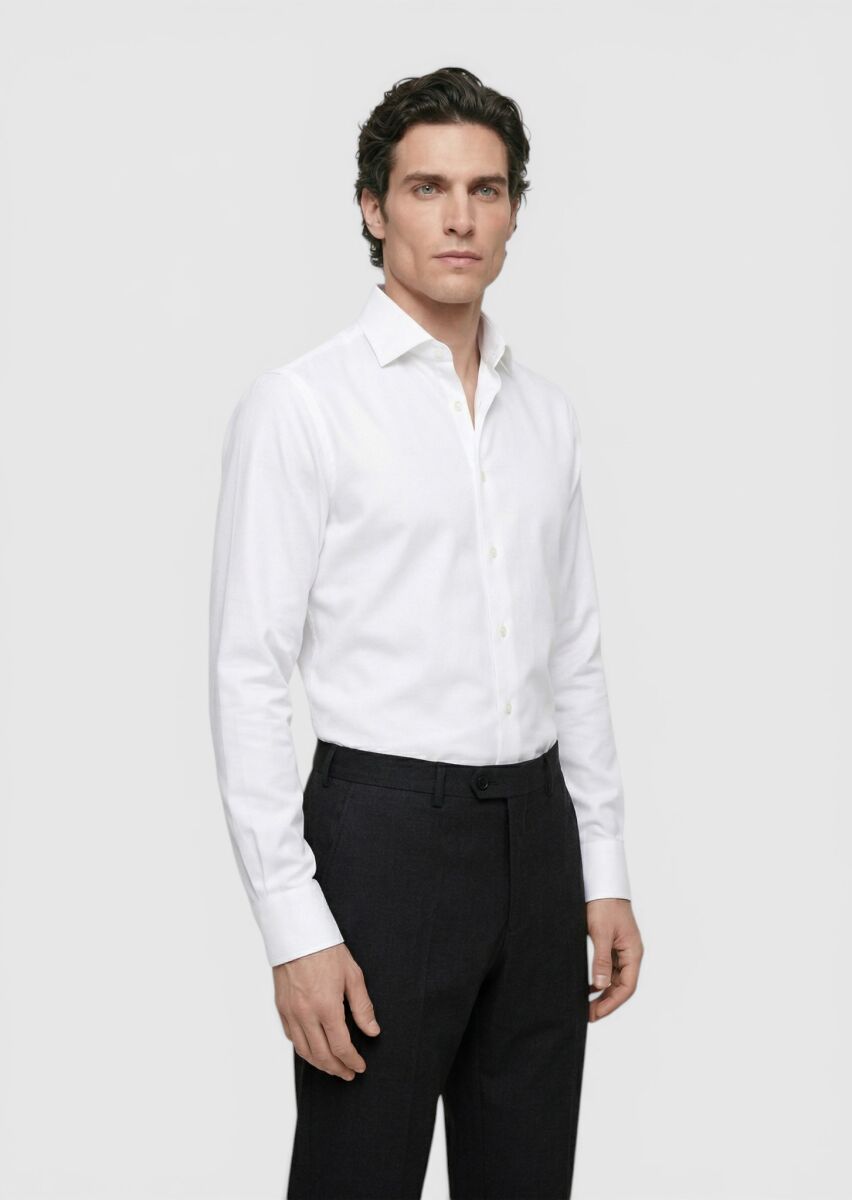 White Plain Long Weaving Classical 100% Cotton Shirt - 1