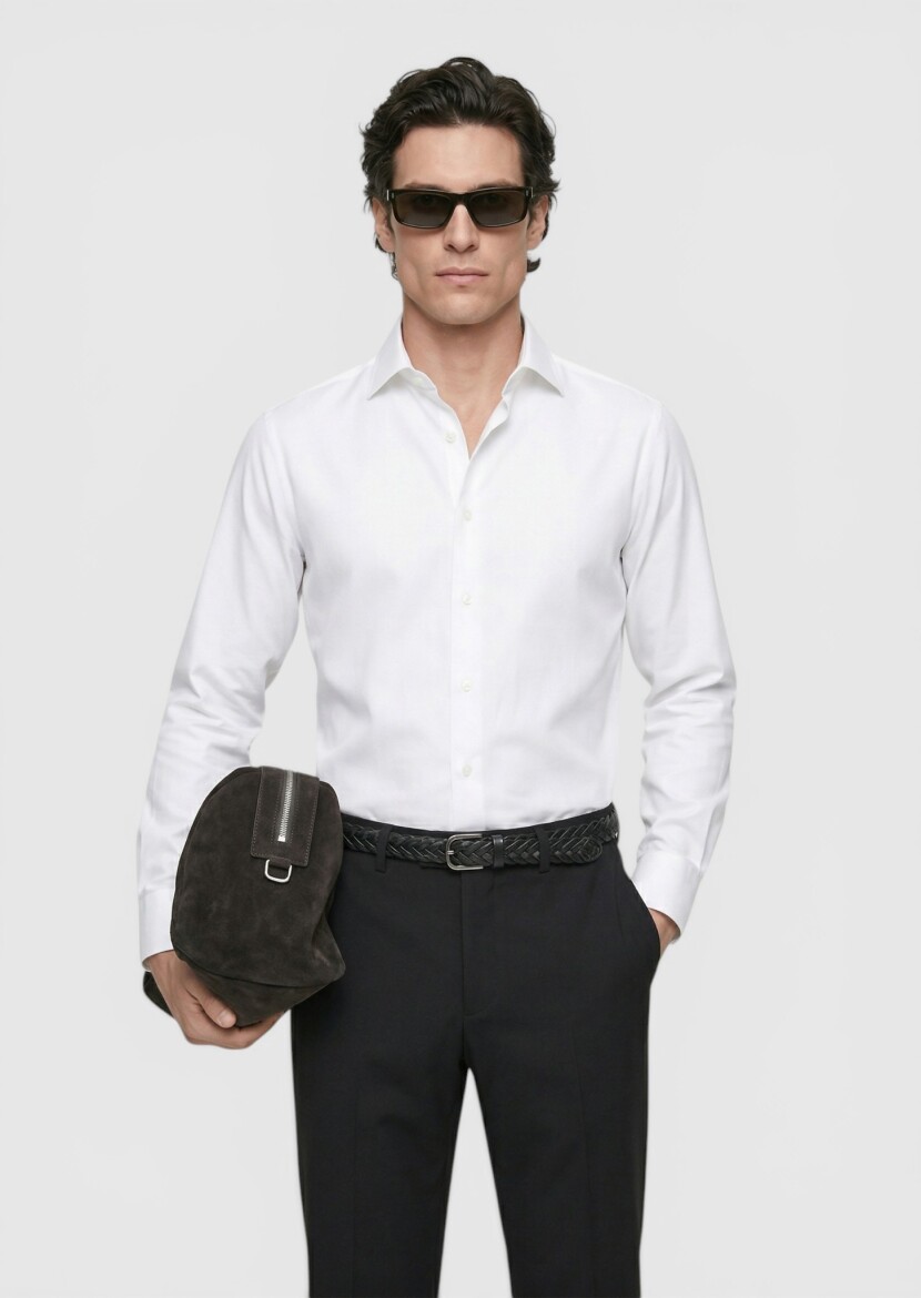 White Plain Long Weaving Classical 100% Cotton Shirt - 3