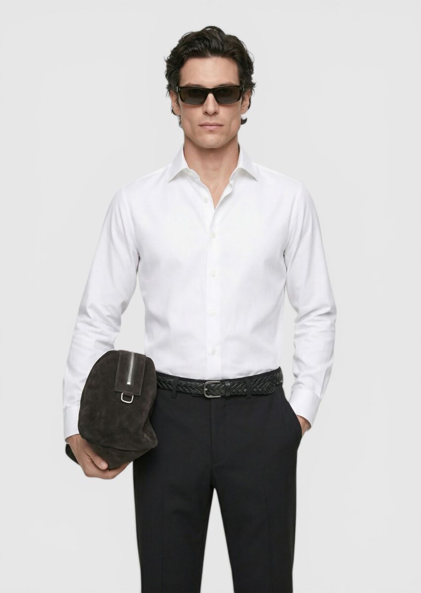 White Plain Long Weaving Classical 100% Cotton Shirt - 3