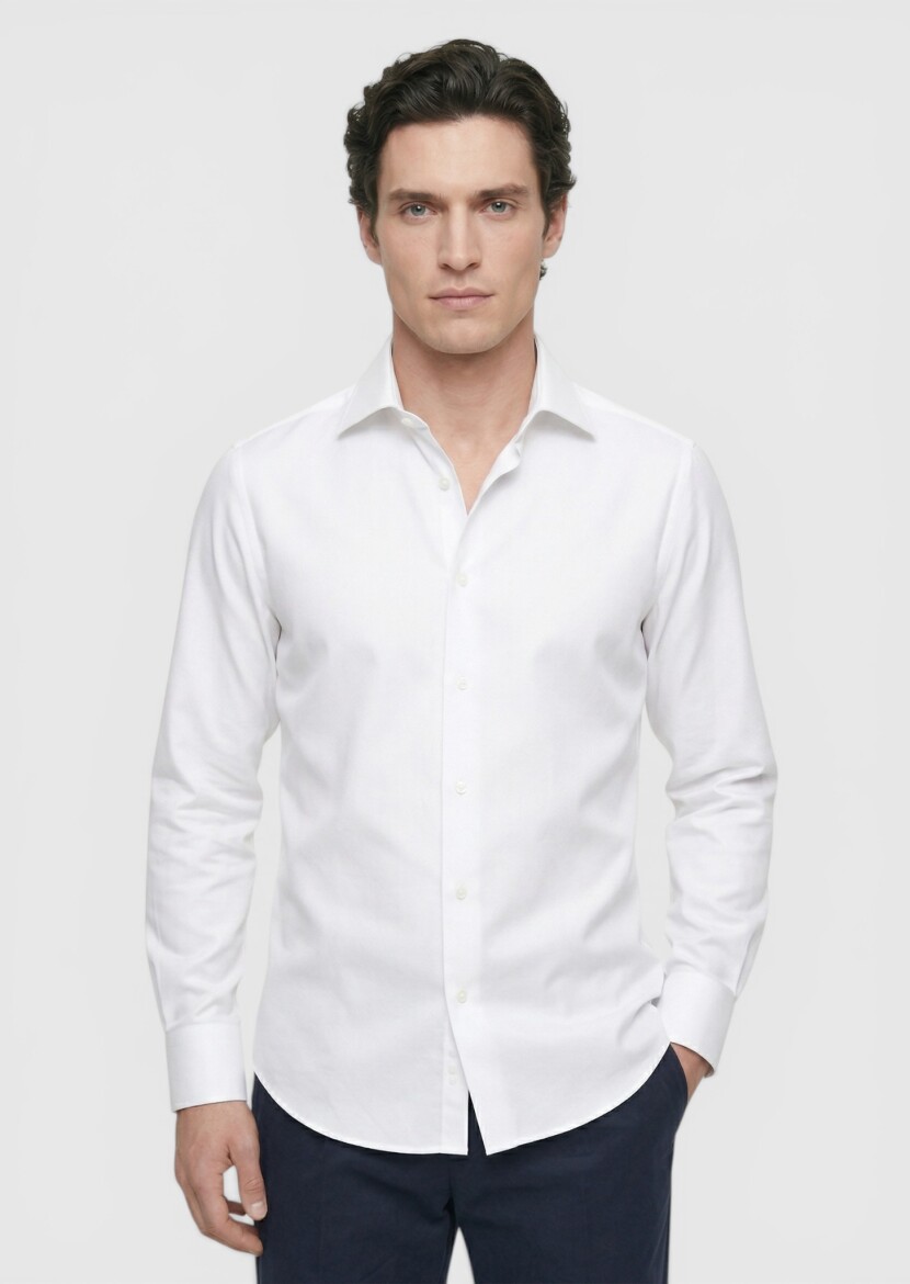 White Plain Long Weaving Classical 100% Cotton Shirt - 1