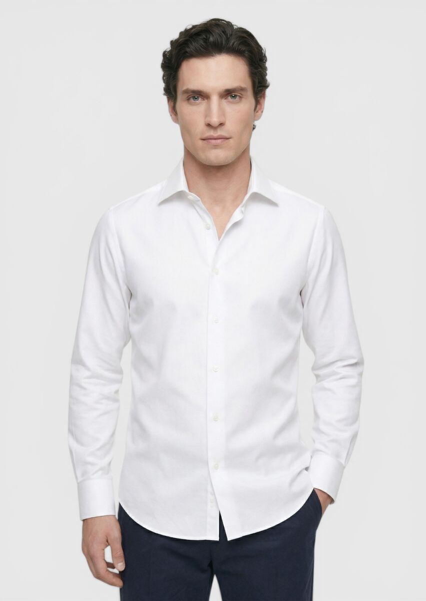 White Plain Long Weaving Classical 100% Cotton Shirt - 1