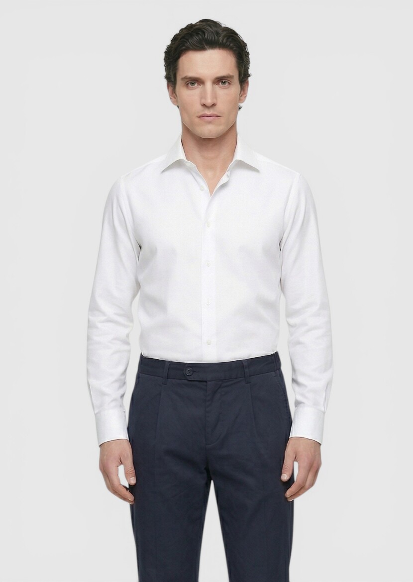 White Plain Long Weaving Classical 100% Cotton Shirt - 3