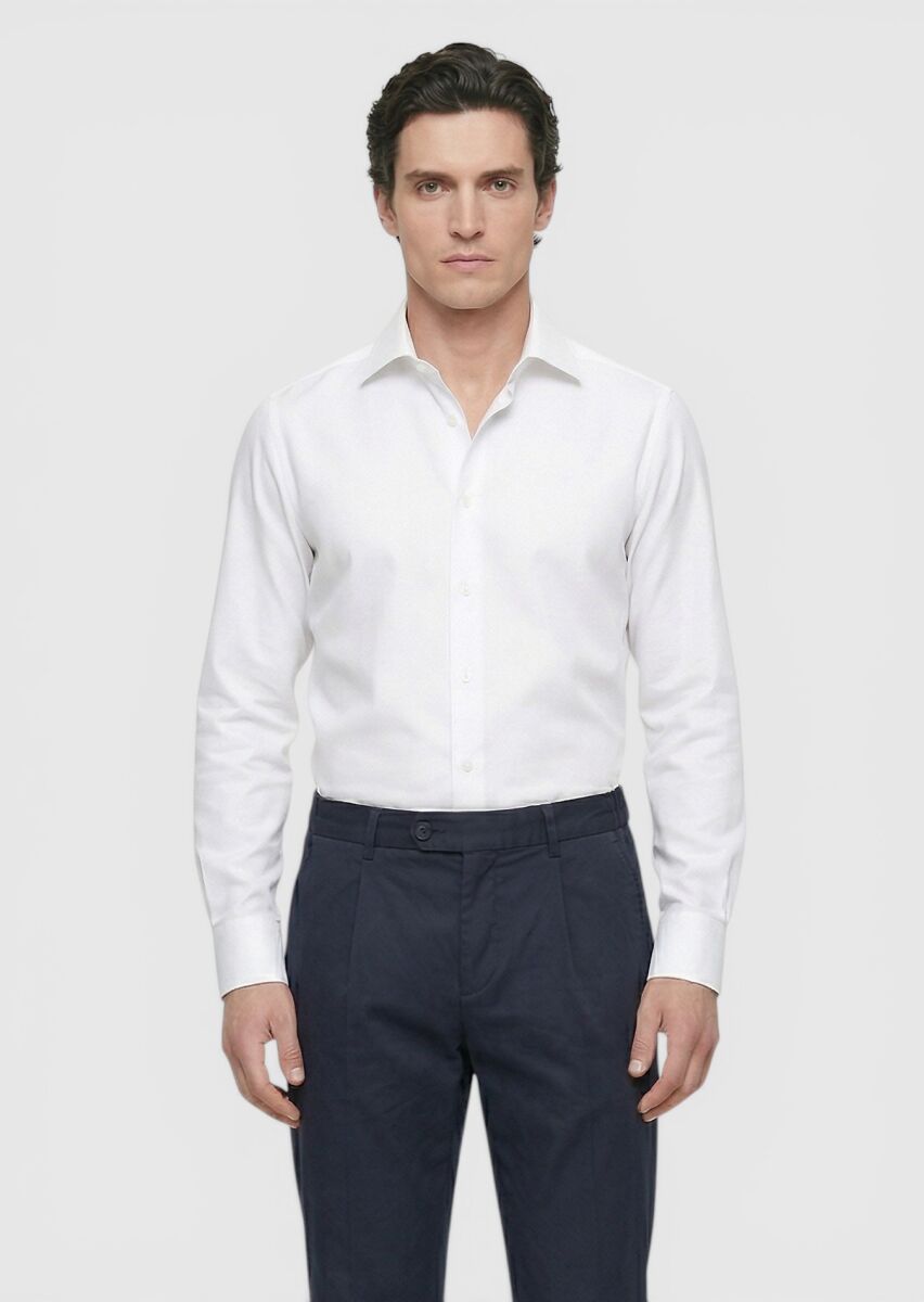 White Plain Long Weaving Classical 100% Cotton Shirt - 3