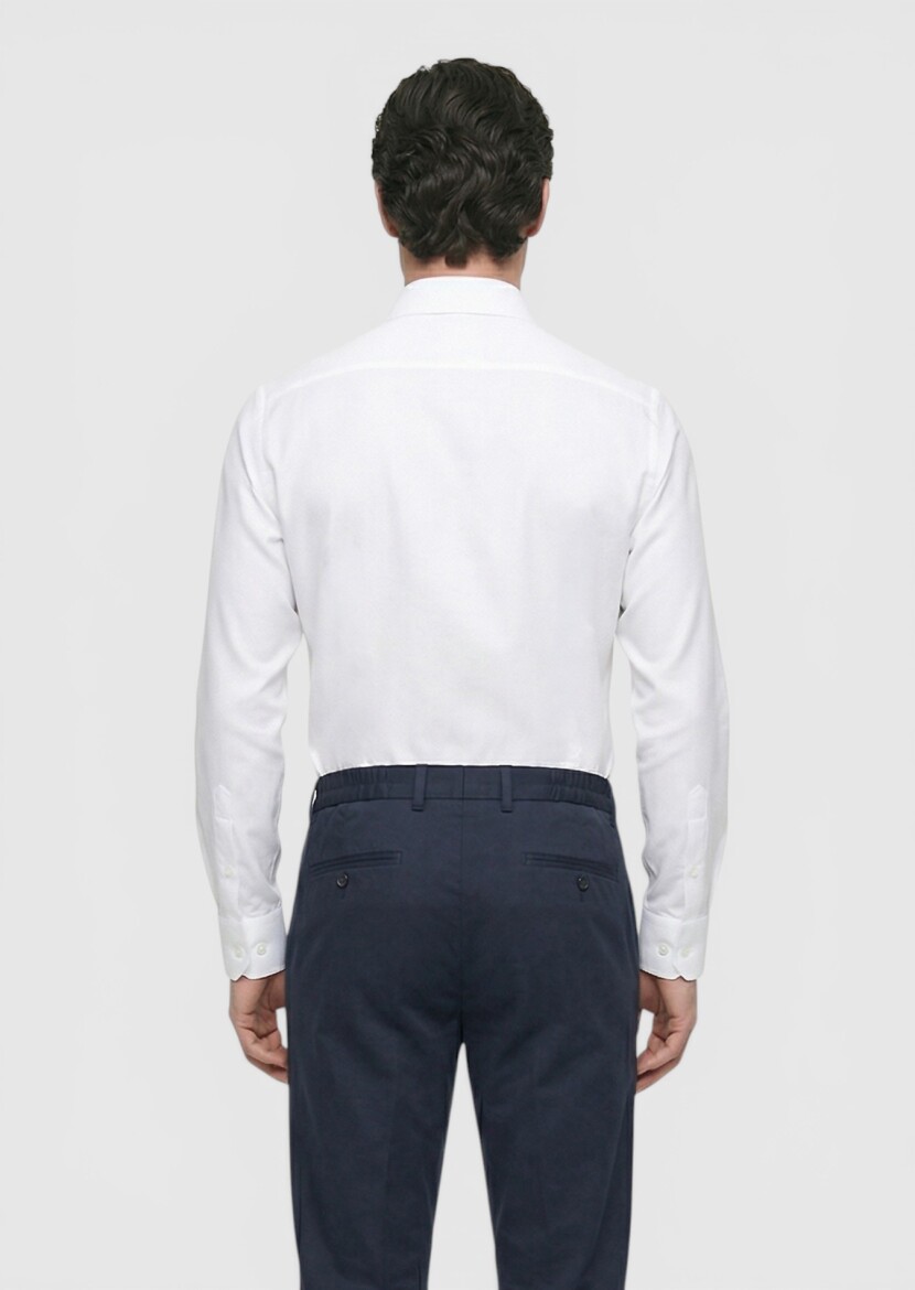 White Plain Long Weaving Classical 100% Cotton Shirt - 4