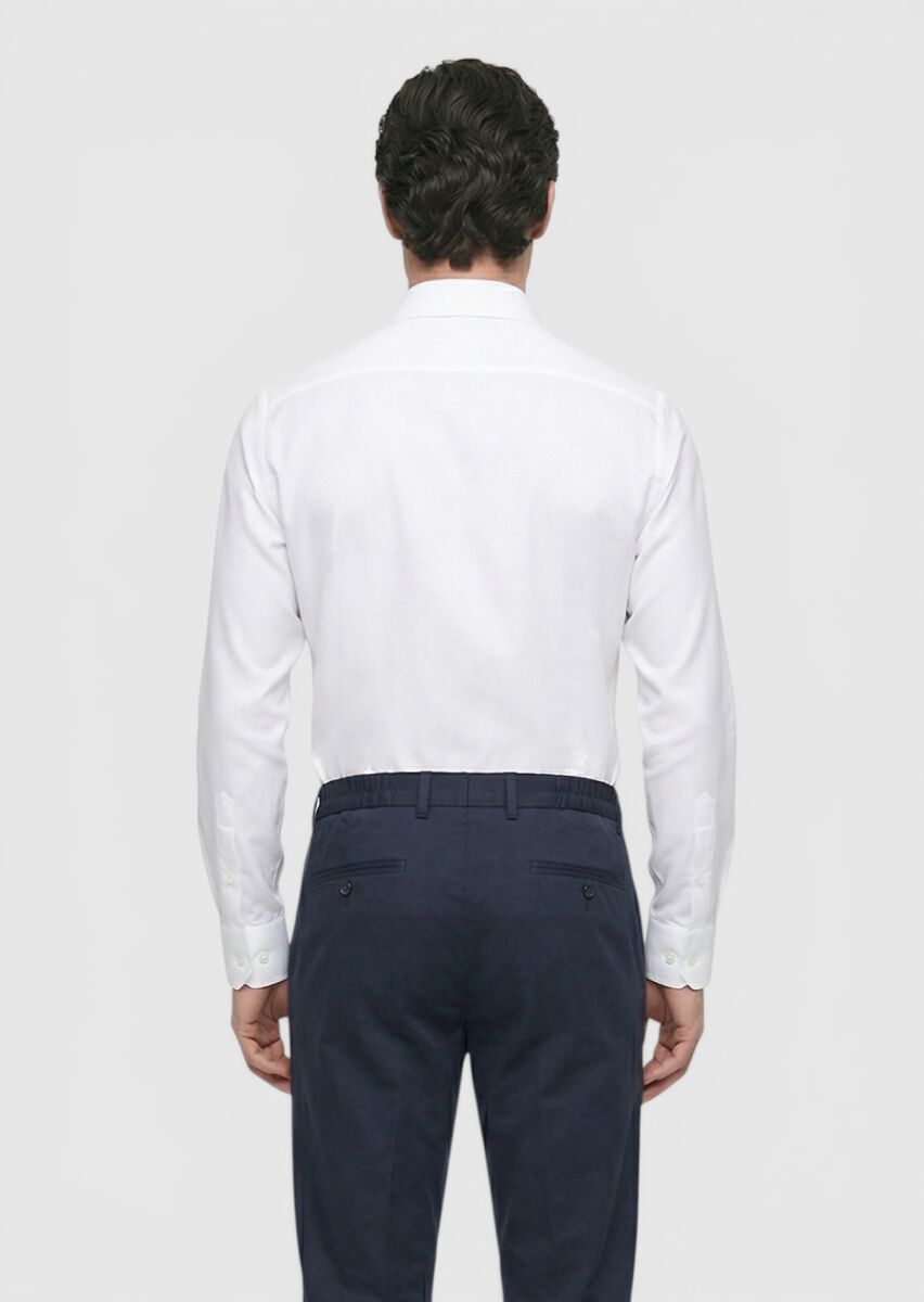 White Plain Long Weaving Classical 100% Cotton Shirt - 4
