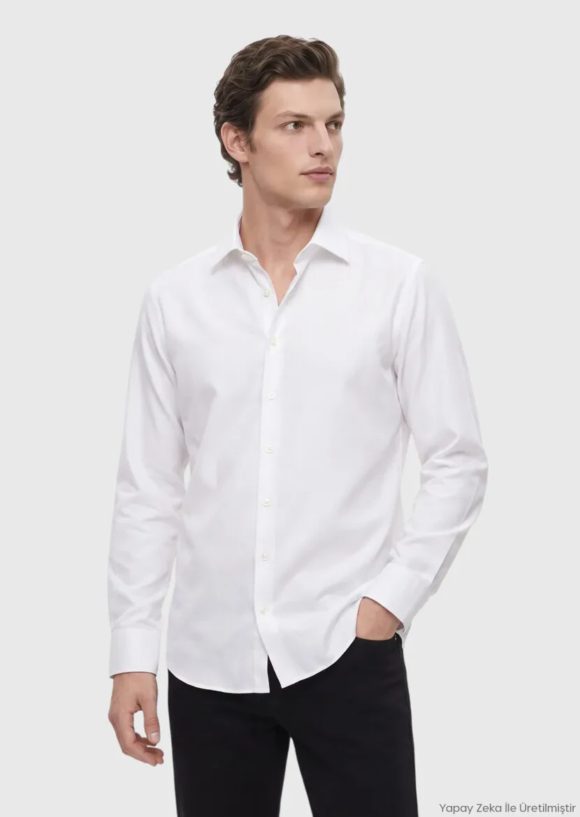 White Plain Long Weaving Classical 100% Cotton Shirt - RAMSEY