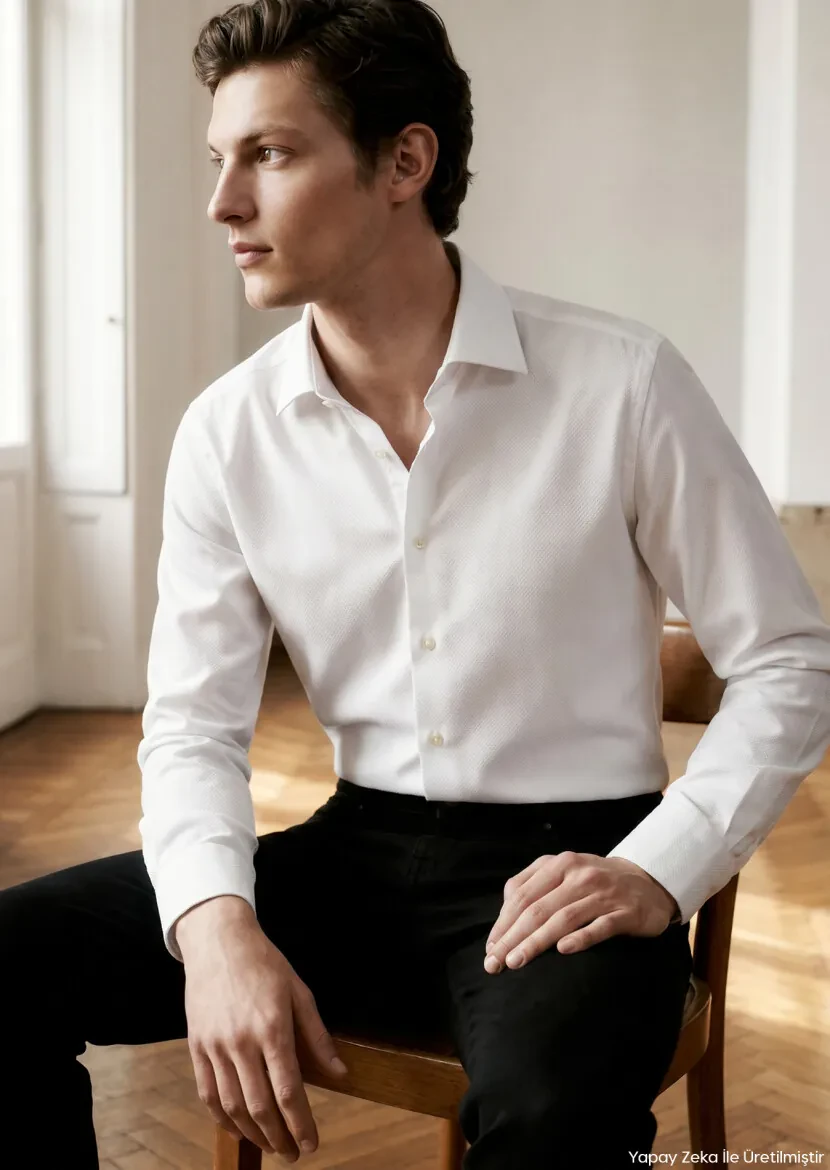 White Plain Long Weaving Classical 100% Cotton Shirt - RAMSEY