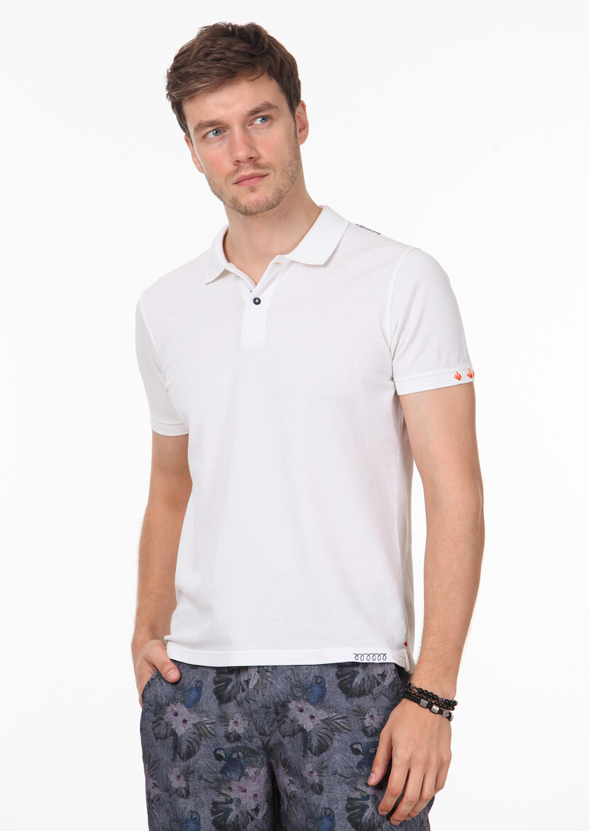 White Plain Polo Neck 100% Cotton T-Shirt - 1