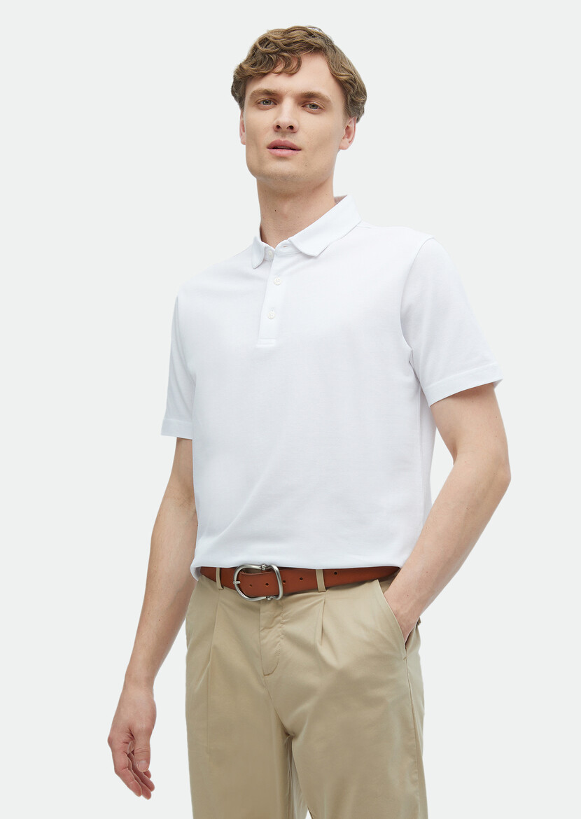 White Plain Polo Neck 100% Cotton T-Shirt - 1