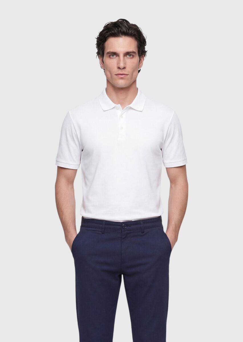White Plain Polo Neck 100% Cotton T-Shirt - 2