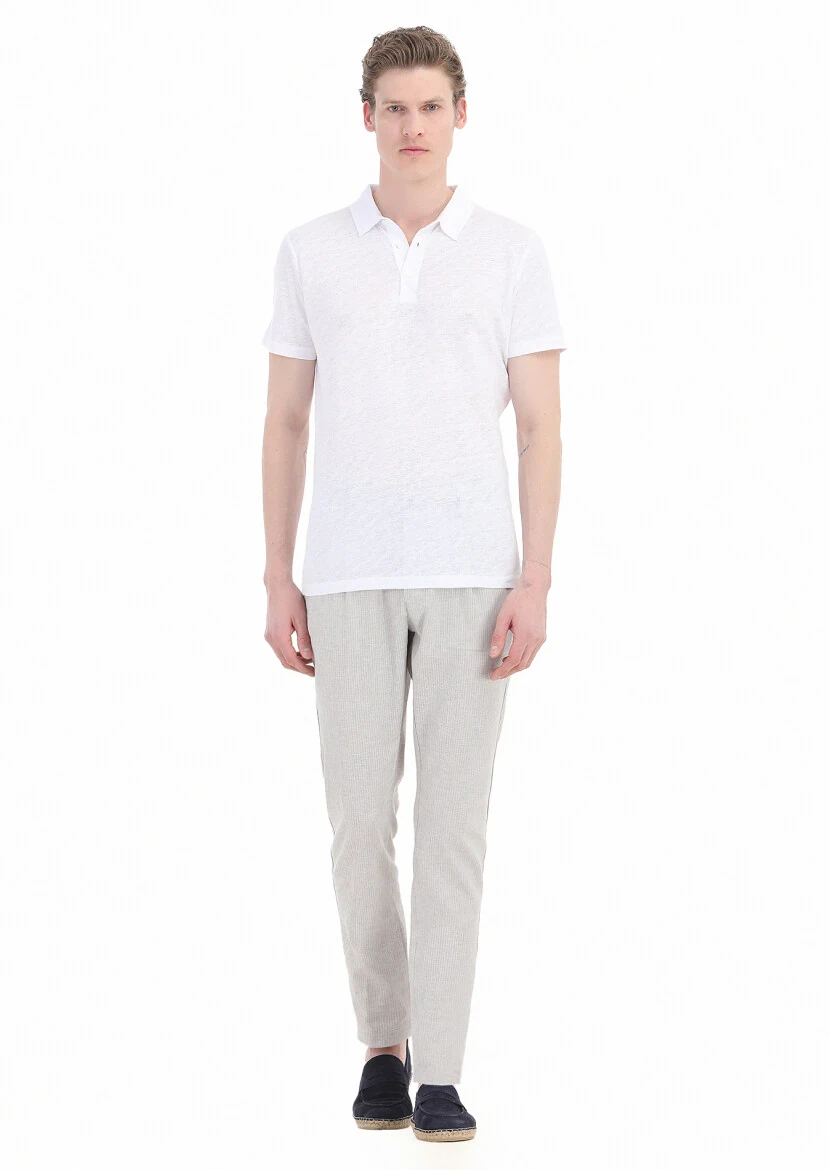 White Plain Polo Neck 100% Linen T-Shirt - RAMSEY