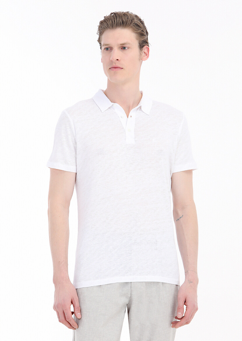 White Plain Polo Neck 100% Linen T-Shirt - 2