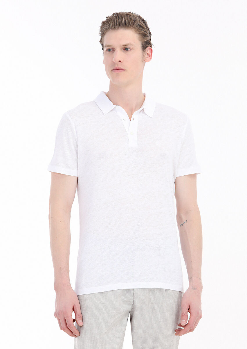 White Plain Polo Neck 100% Linen T-Shirt - 2