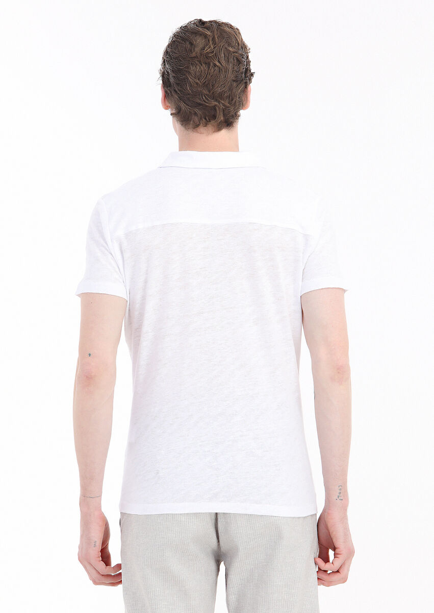 White Plain Polo Neck 100% Linen T-Shirt - 4