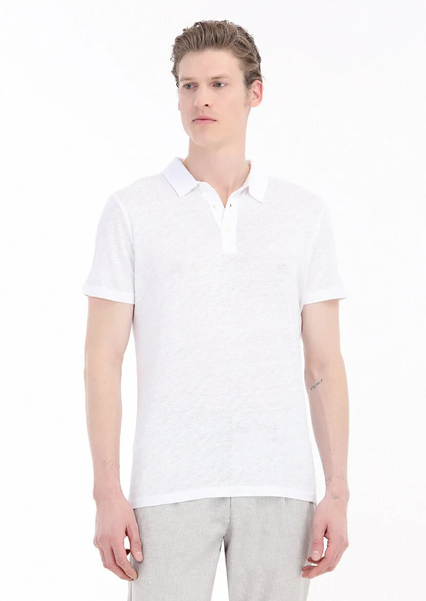 White Plain Polo Neck 100% Linen T-Shirt 