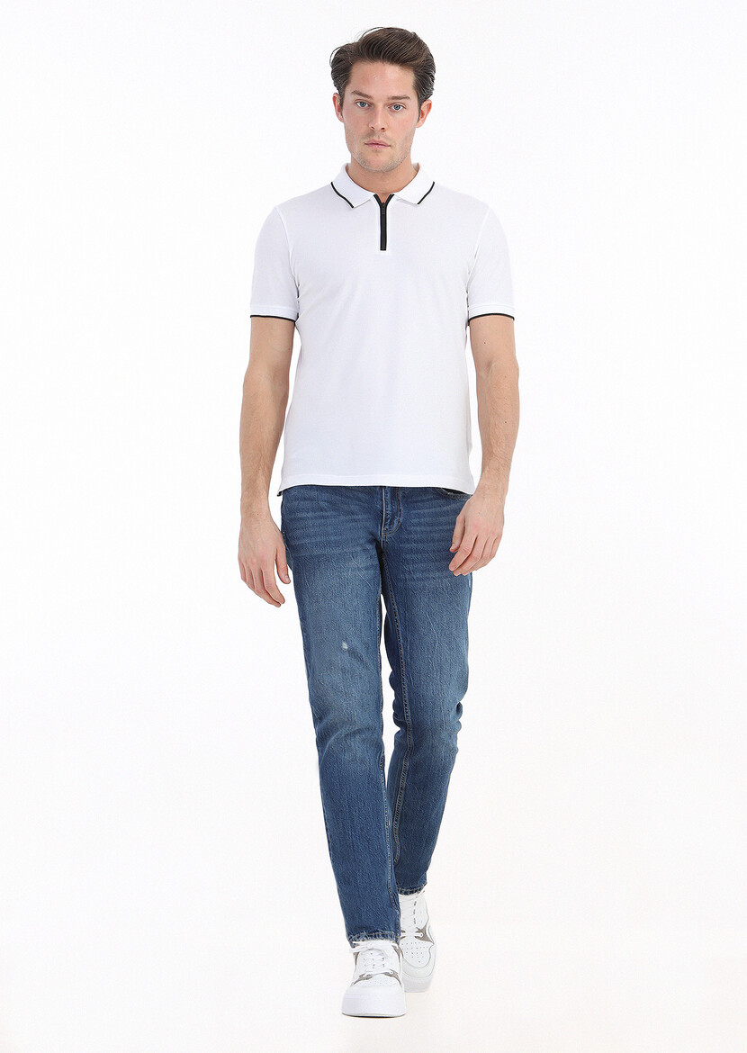 White Plain Polo Neck Cotton Blended T-Shirt - 1