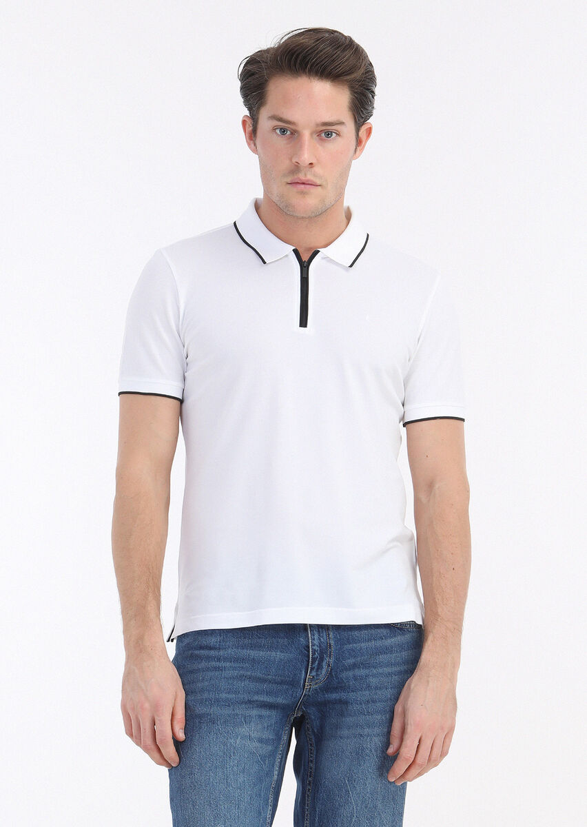 White Plain Polo Neck Cotton Blended T-Shirt - 2