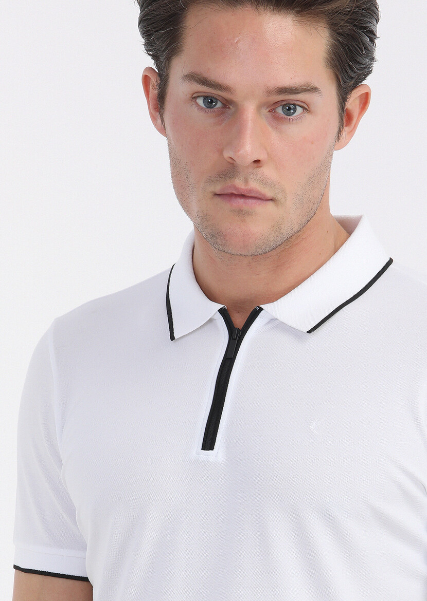 White Plain Polo Neck Cotton Blended T-Shirt - 3