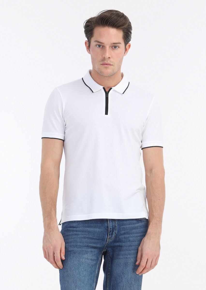 White Plain Polo Neck Cotton Blended T-Shirt - 2