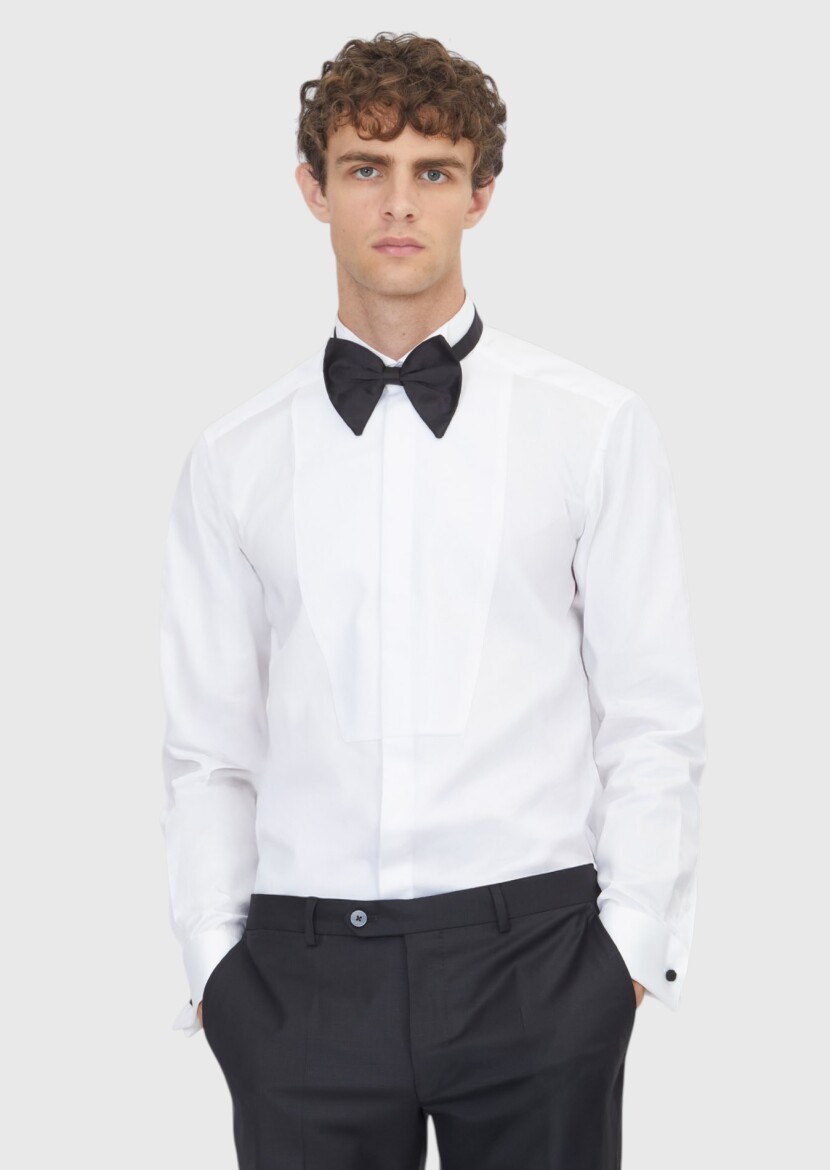 White Plain Regular Fit Double Cuff Tuxedo Shirts - 1