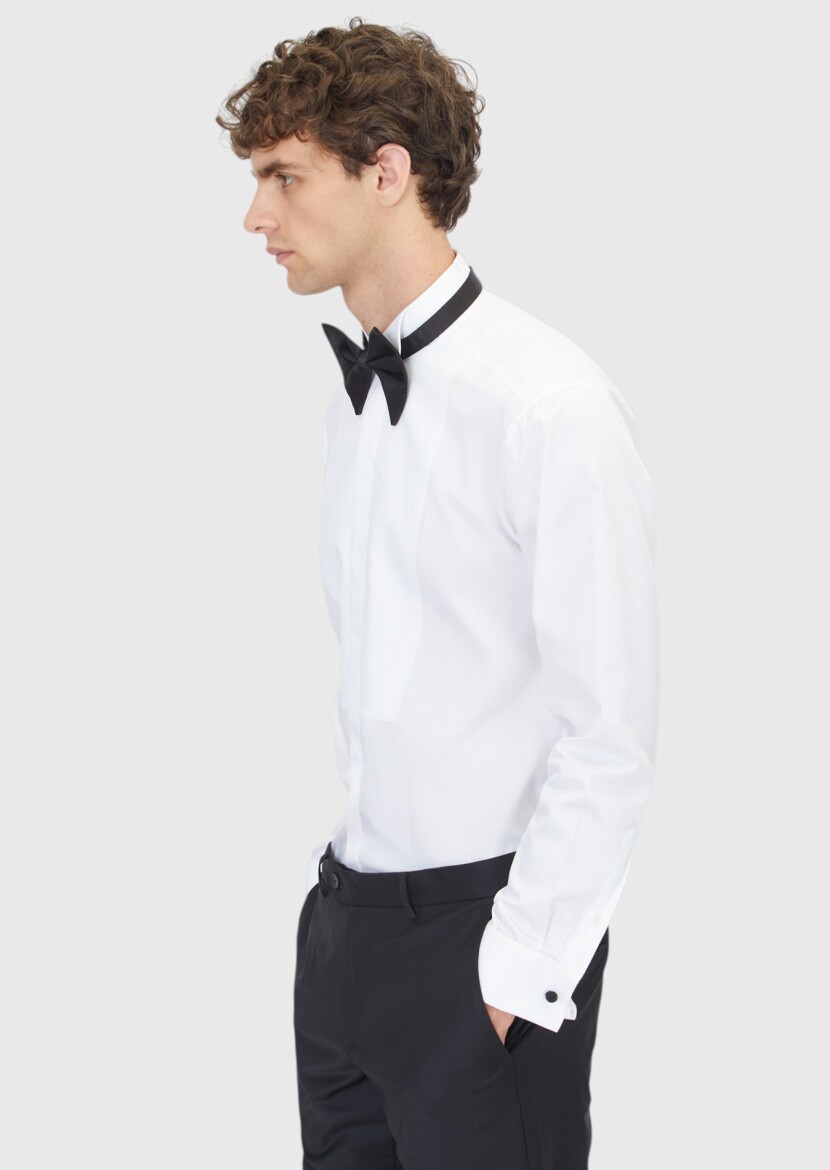 White Plain Regular Fit Double Cuff Tuxedo Shirts - 3
