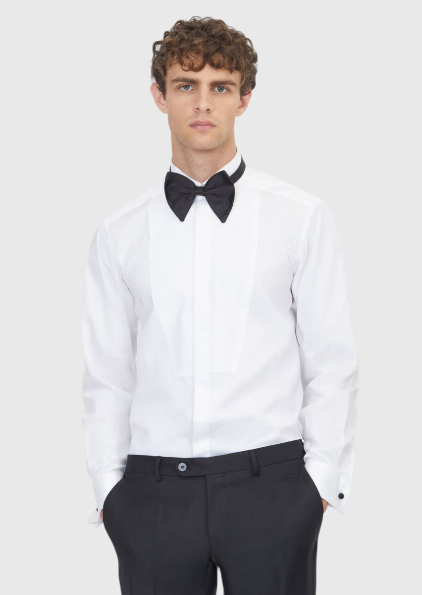 White Plain Regular Fit Double Cuff Wing Collar Tuxedo Shirts - 1