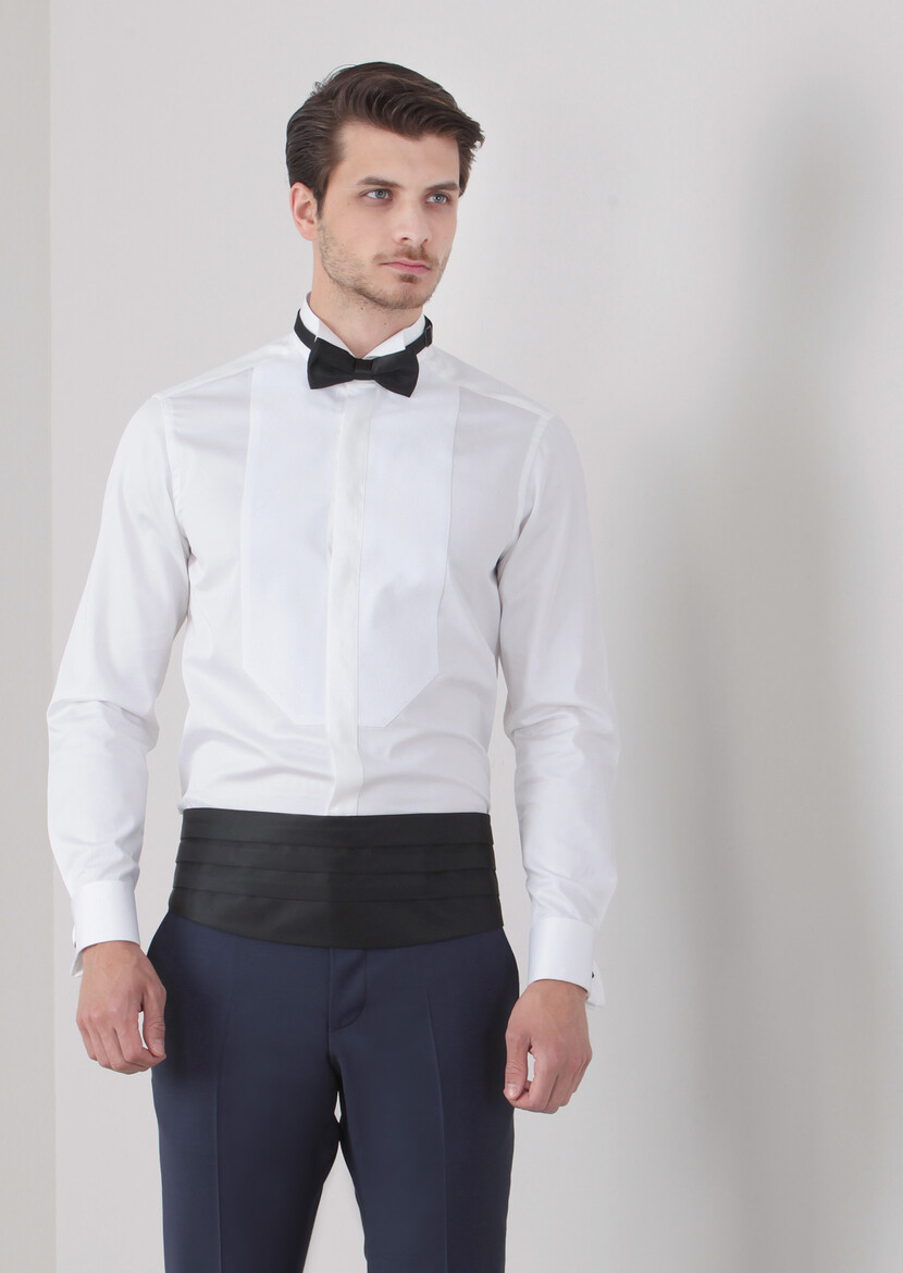 White Plain Regular Fit Double Cuff Wing Collar Tuxedo Shirts - 2