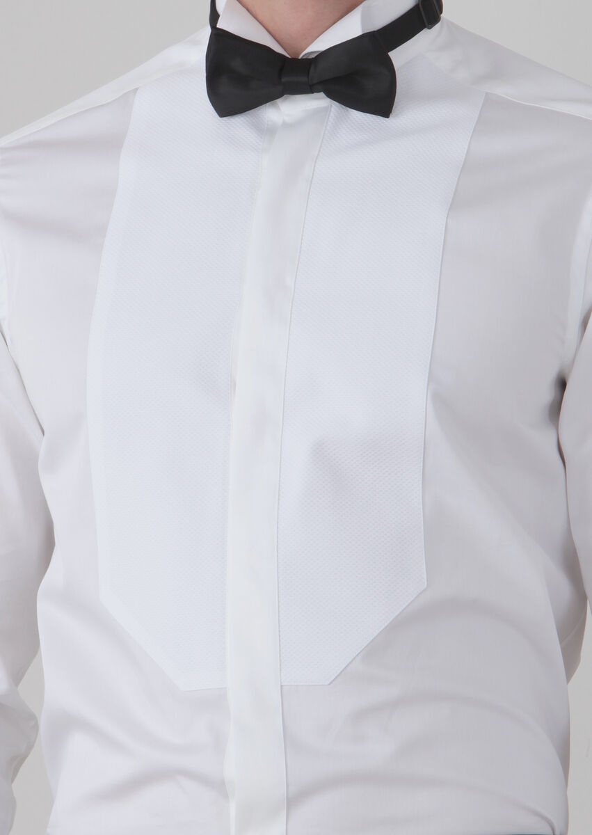 White Plain Regular Fit Double Cuff Wing Collar Tuxedo Shirts - 3