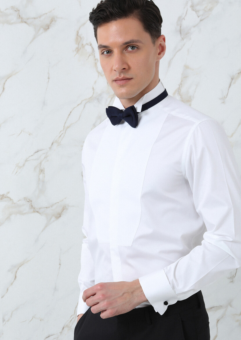 White Plain Regular Fit Double Cuff Wing Collar Tuxedo Shirts - 1