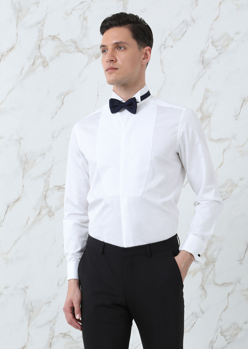 White Plain Regular Fit Double Cuff Wing Collar Tuxedo Shirts - 2