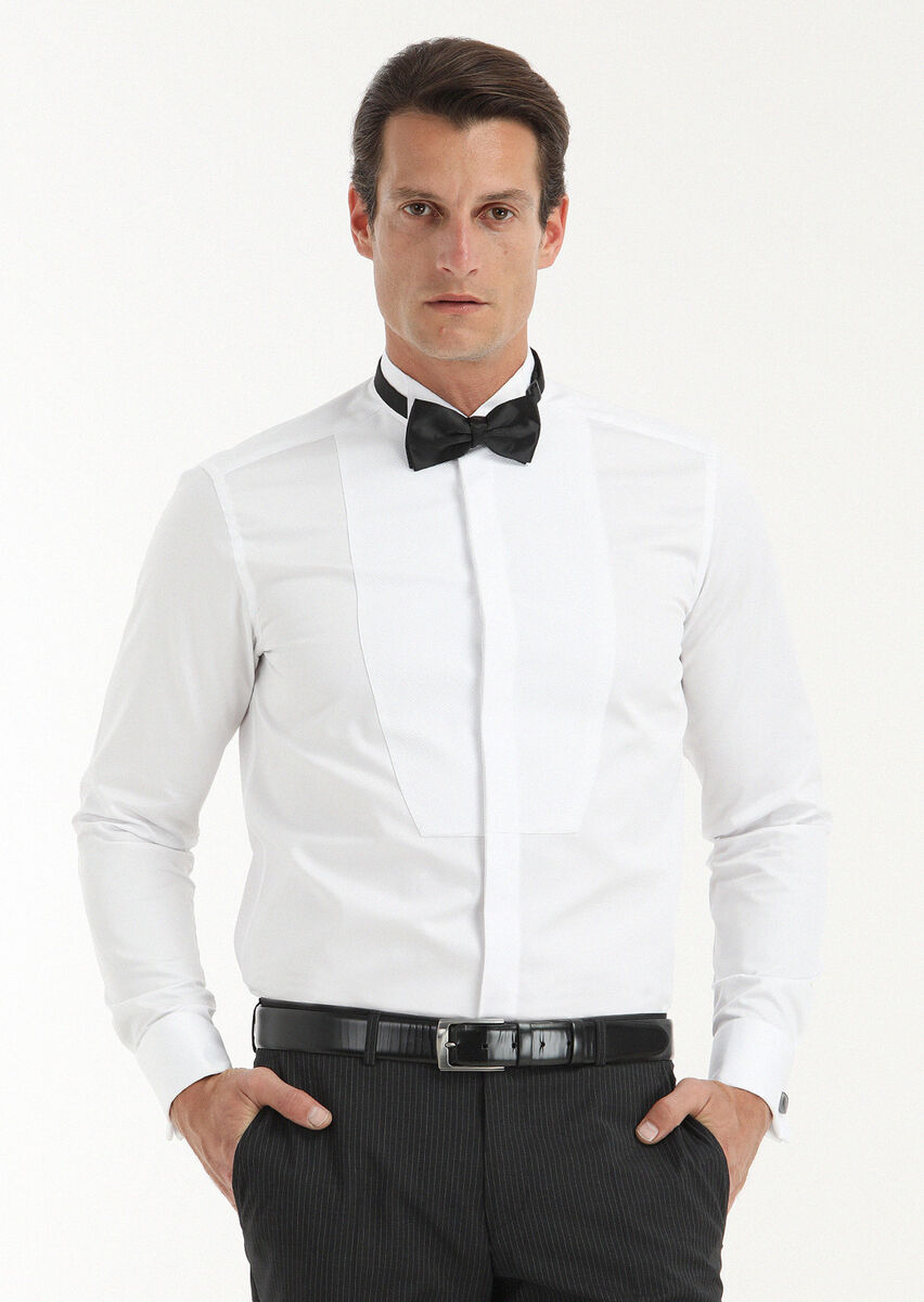 White Plain Regular Fit Double Cuff Wing Collar Tuxedo Shirts - 2